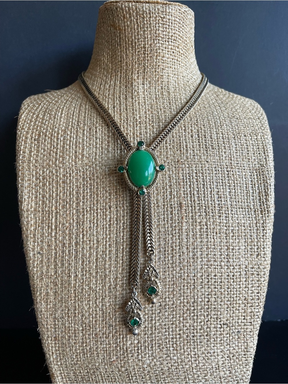 Vintage faux green jade and rhinestone Bolo tie Necklace.